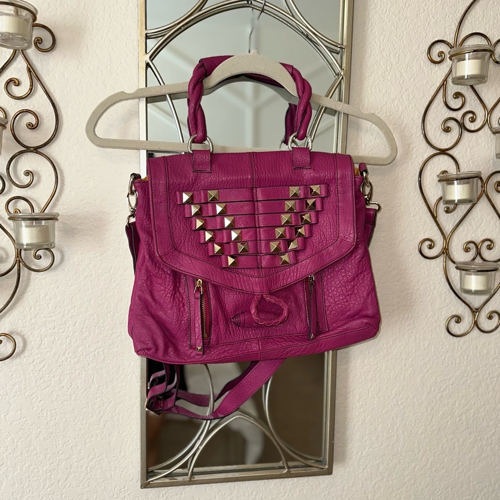 Hype Fuchsia Studded Leather Shoulder Bag - Picture 3 of 6